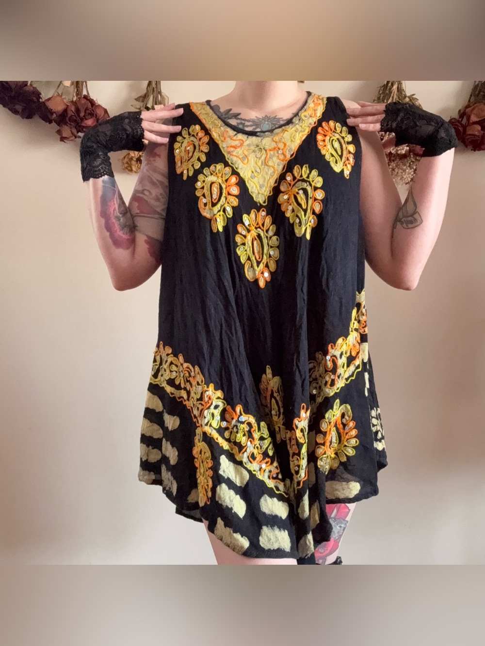 Boho Black, Yellow, and Orange Floral Sequin Tunic Top/Dress Free Size 🖤💛🧡